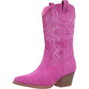 Women Pink Suede Mid Calf Chunky Block Heel Western Embroidered Cowgirl Boot